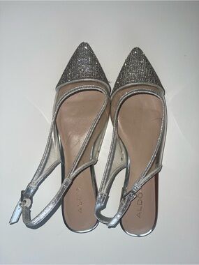 Aldo Silver Sparkle Pointed-Toe Slingback Heels